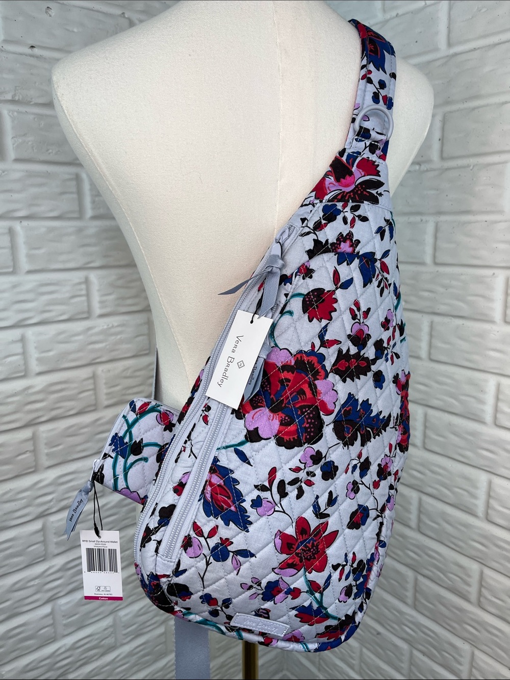 VERA BRADLEY VINEYARD FLORAL QUILTED SLING BAG AND RFID ZIP SMALL WALLET NWT